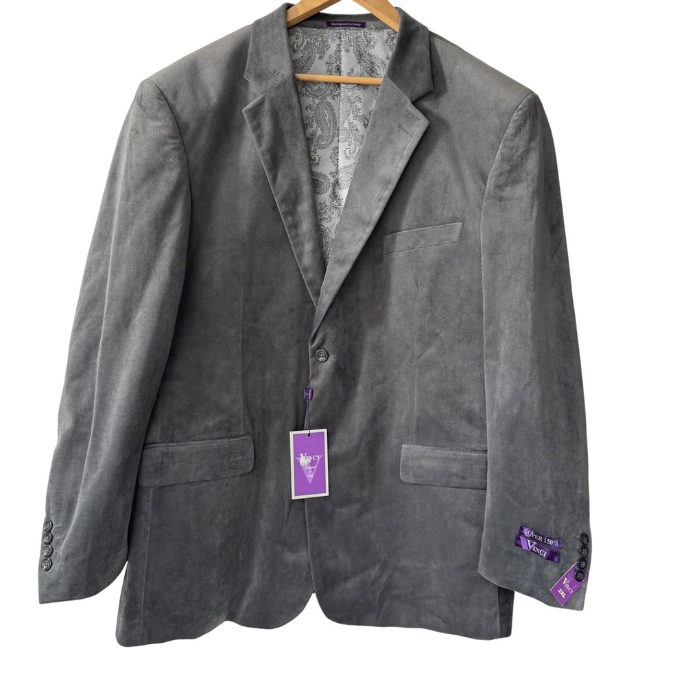 Vinci‎ Super 150's Gray Velvet Blazer Jacket, Designed in Italy, Men's 2XL Luxe